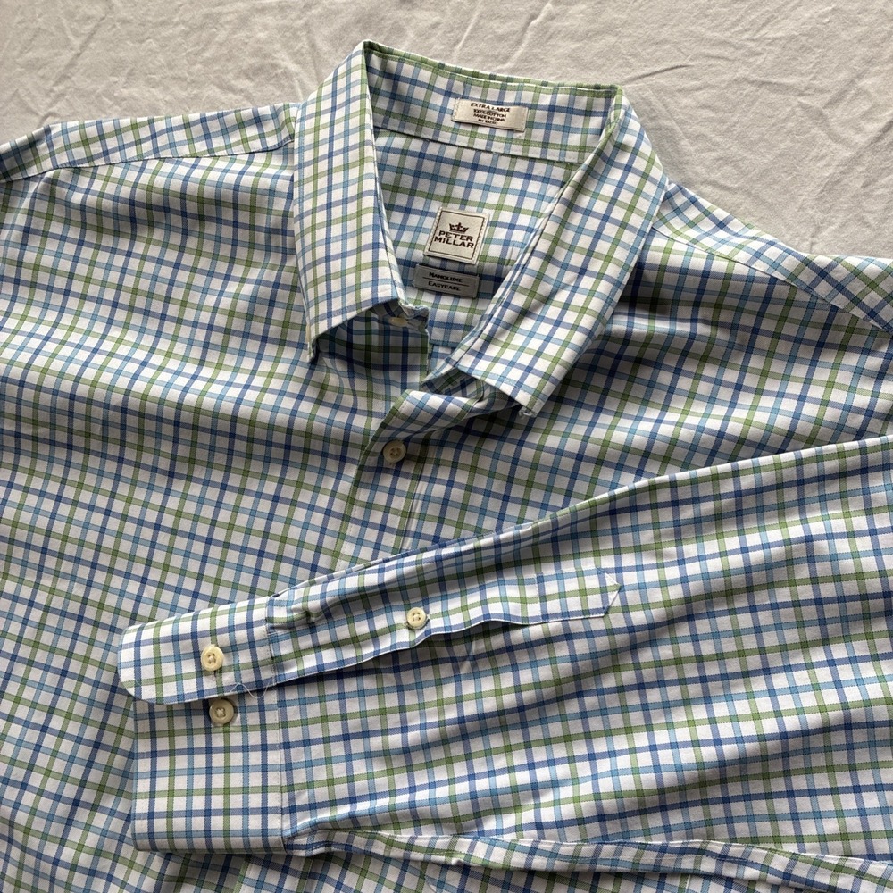 Peter Millar Button Down Mens XL Blue Gingham Nanoluxe Easy Care Cotton Shirt